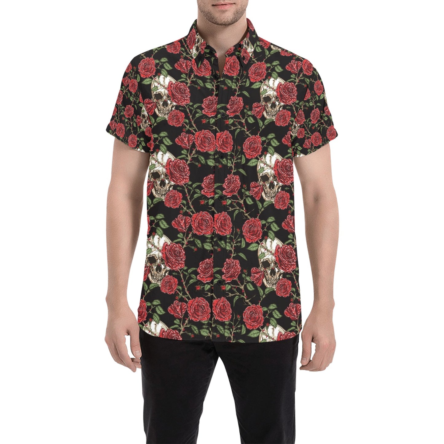 Skull And Roses Print Design LKS303 Men Short Sleeve Button Up Shirt
