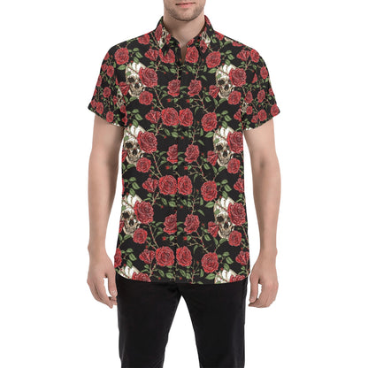 Skull And Roses Print Design LKS303 Men Short Sleeve Button Up Shirt