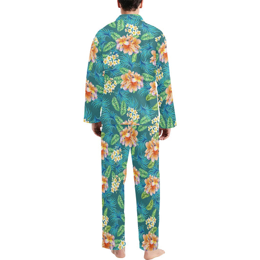 Plumeria Tropical Flower Design Print Men's Long Pajama Set