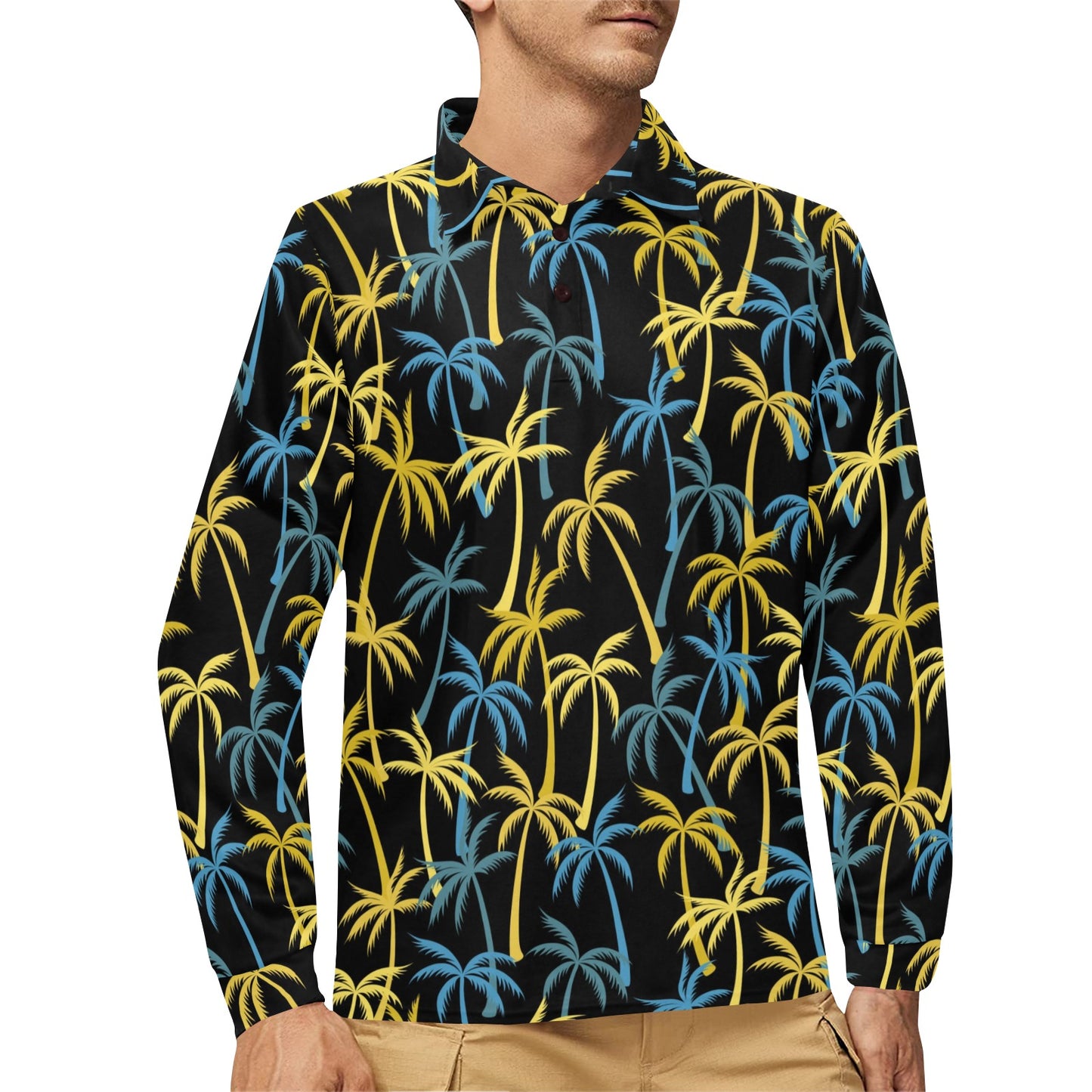 Palm Tree Pattern Long Sleeve Polo Shirt For Men's