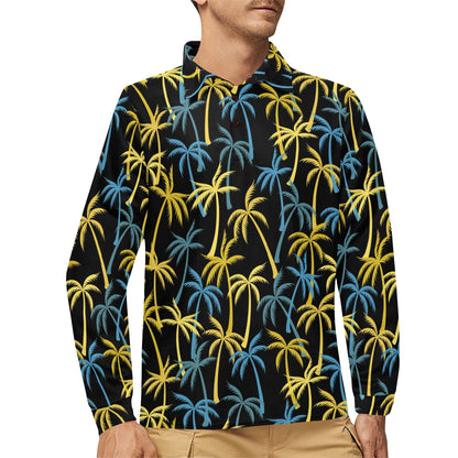 Palm Tree Pattern Long Sleeve Polo Shirt For Men's
