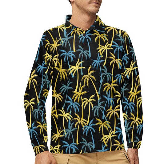 Palm Tree Pattern Long Sleeve Polo Shirt For Men's