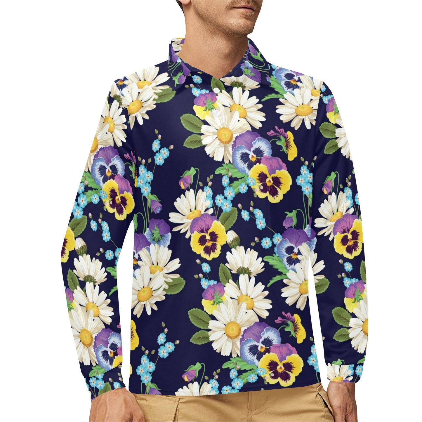 Pansy Pattern Print Design PS03 Long Sleeve Polo Shirt For Men's
