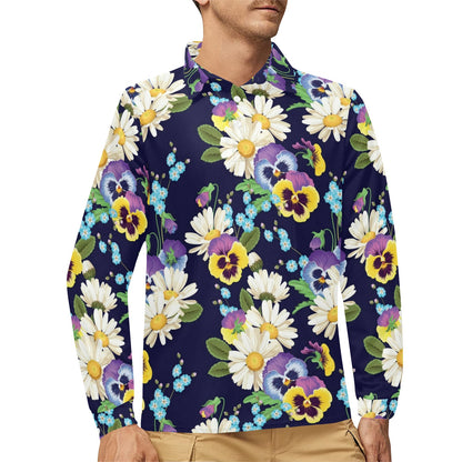 Pansy Pattern Print Design PS03 Long Sleeve Polo Shirt For Men's
