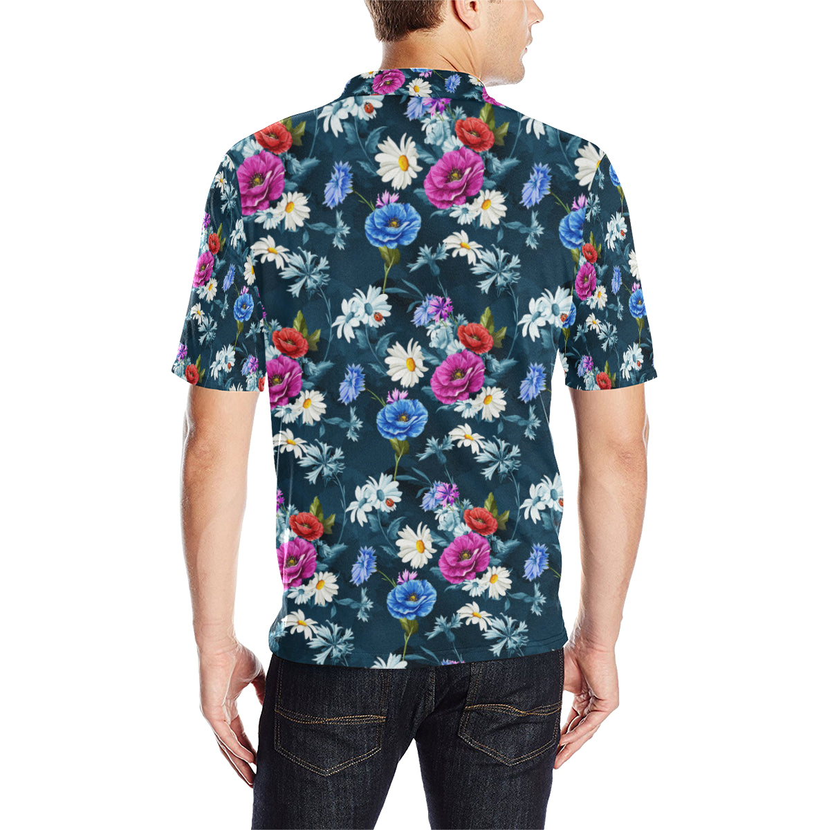Floral Blue Themed Print Men Polo Shirt