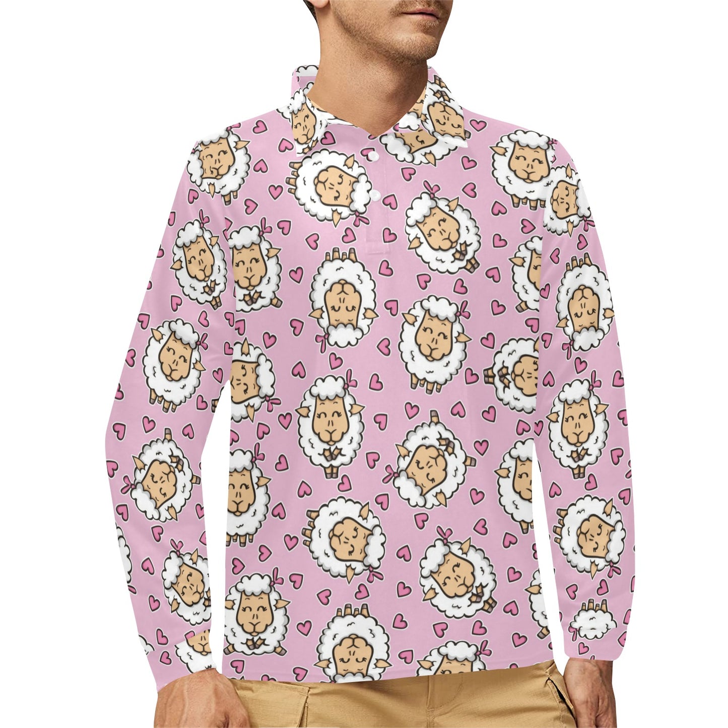 Sheep Cute Pattern Print Design 01 Long Sleeve Polo Shirt For Men's
