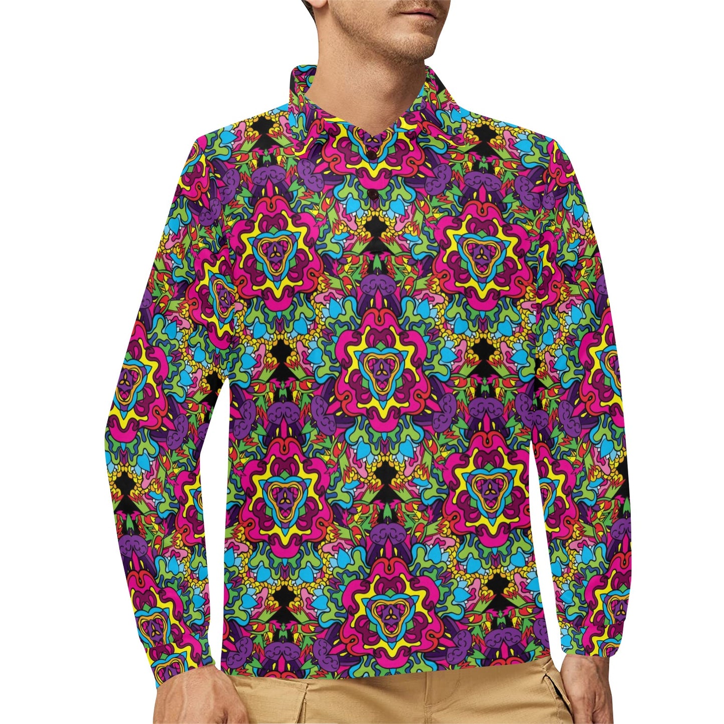 Trippy Print Design LKS303 Long Sleeve Polo Shirt For Men's
