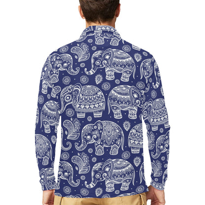 White Elephant Mandala Long Sleeve Polo Shirt For Men's