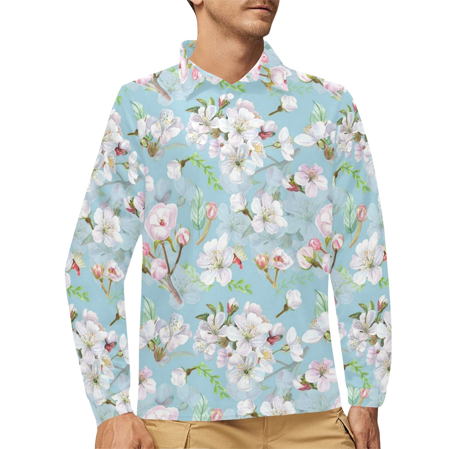 Apple blossom Pattern Print Design AB06 Long Sleeve Polo Shirt For Men's