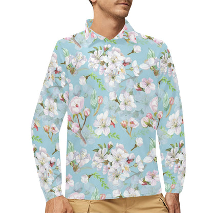 Apple blossom Pattern Print Design AB06 Long Sleeve Polo Shirt For Men's