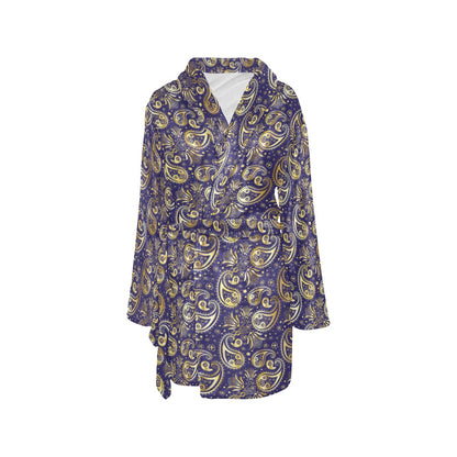 Paisley Blue Yellow Design Print Women's Fleece Robe