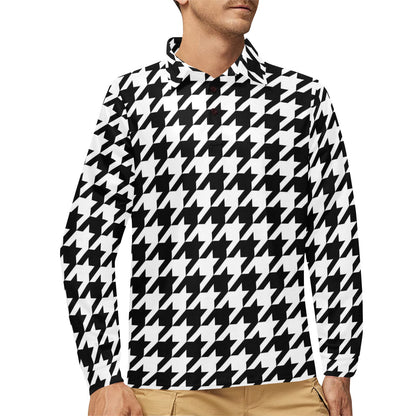Houndstooth Black White Pattern Print Design 05 Long Sleeve Polo Shirt For Men's