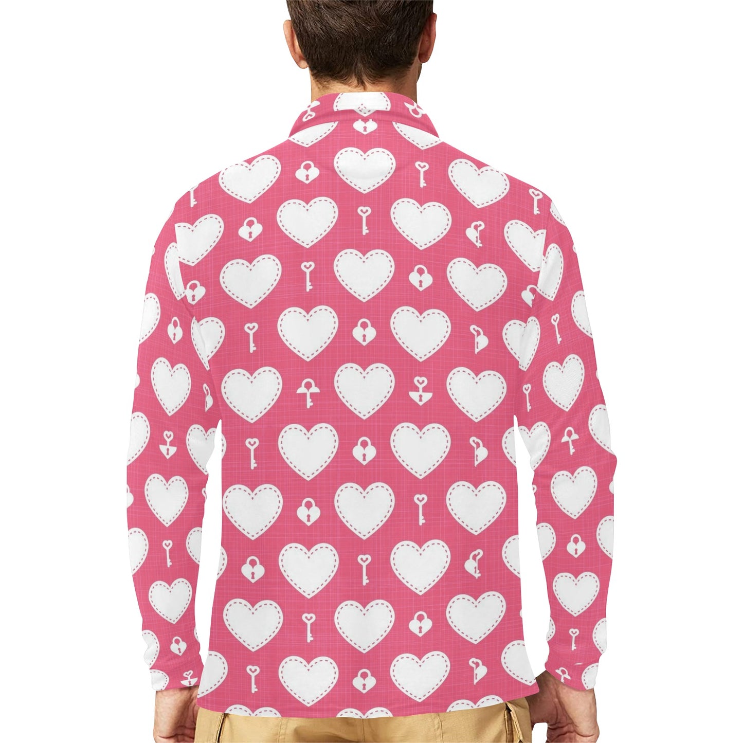 Heart Key Pattern Print Design HE09 Long Sleeve Polo Shirt For Men's