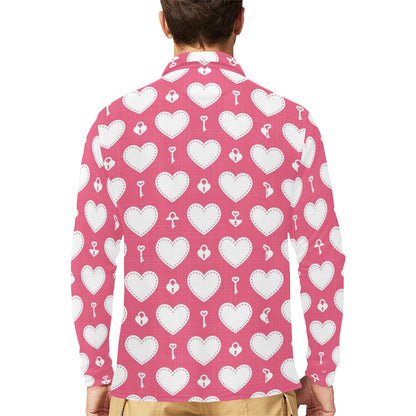Heart Key Pattern Print Design HE09 Long Sleeve Polo Shirt For Men's