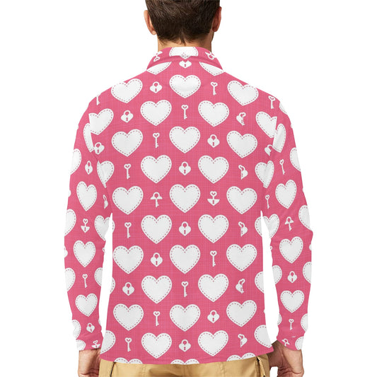Heart Key Pattern Print Design HE09 Long Sleeve Polo Shirt For Men's