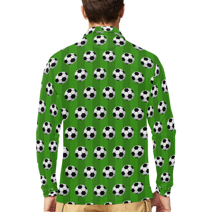 Soccer Ball Green Backgrpund Print Long Sleeve Polo Shirt For Men's