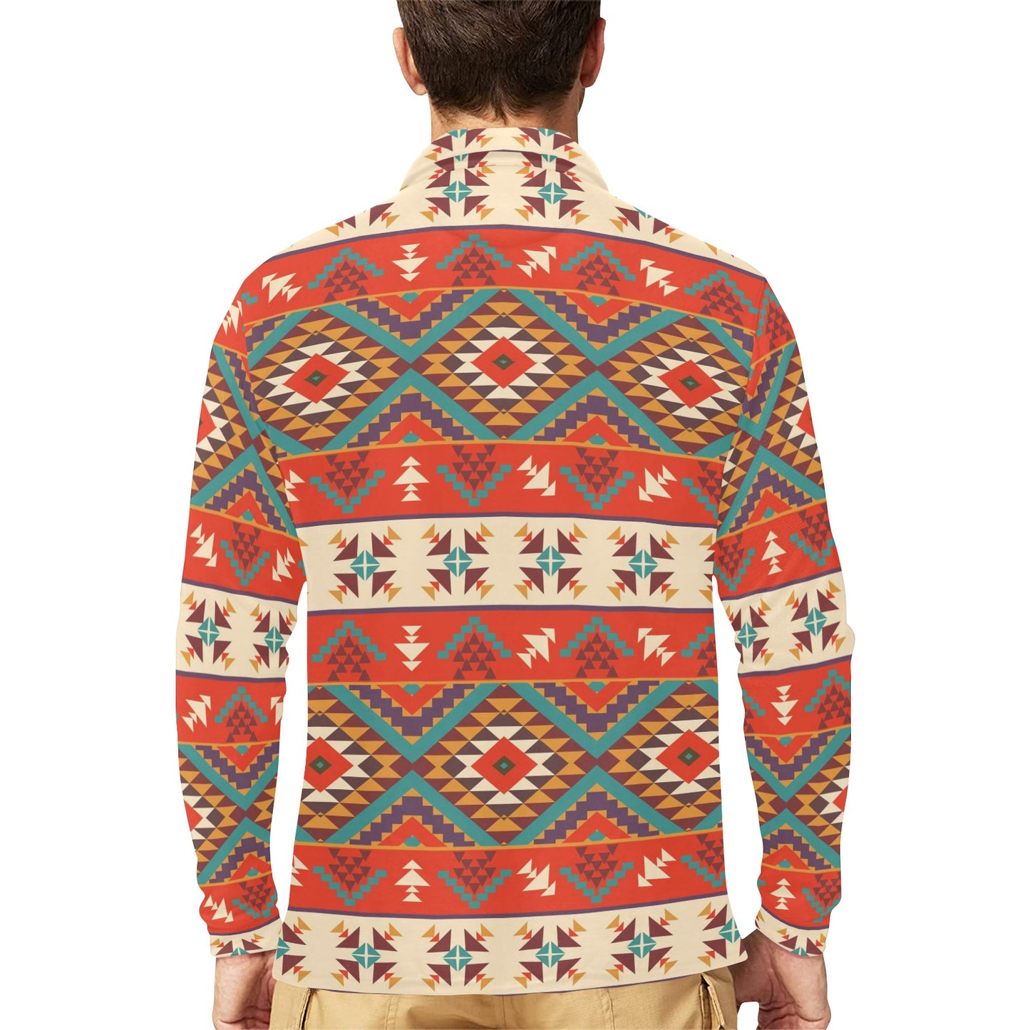 Aztec Red Print Pattern Long Sleeve Polo Shirt For Men's