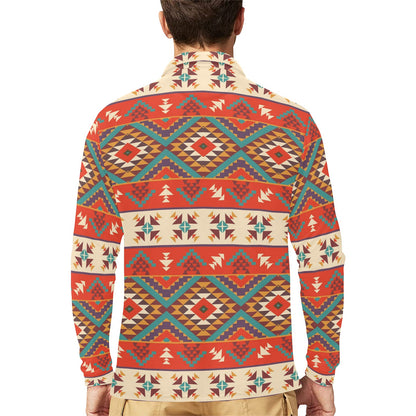 Aztec Red Print Pattern Long Sleeve Polo Shirt For Men's