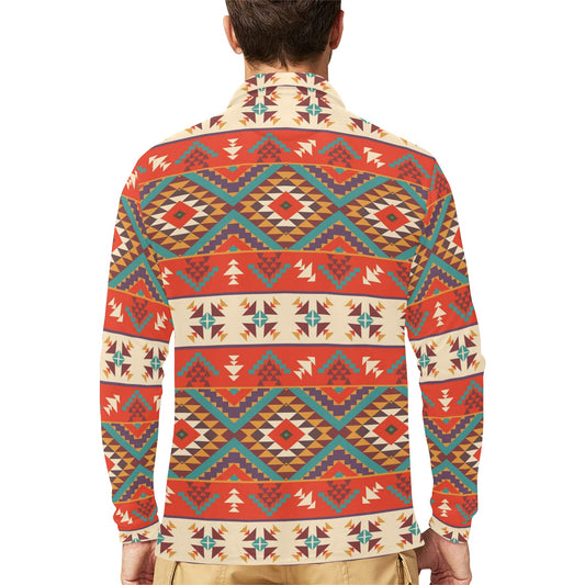 Aztec Red Print Pattern Long Sleeve Polo Shirt For Men's
