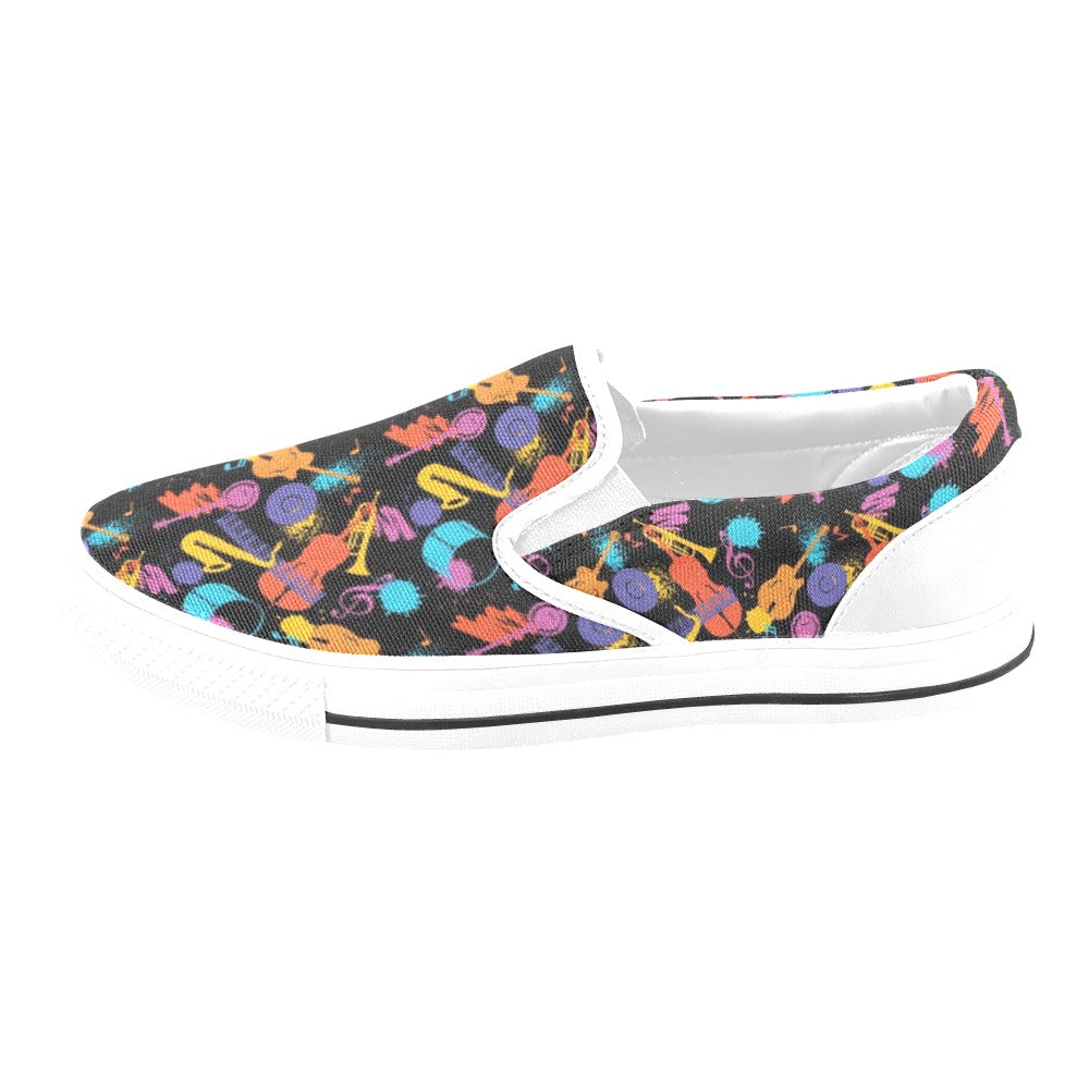 Saxophone Print Design LKS406 White Slip Ons Canvas Women's Shoes
