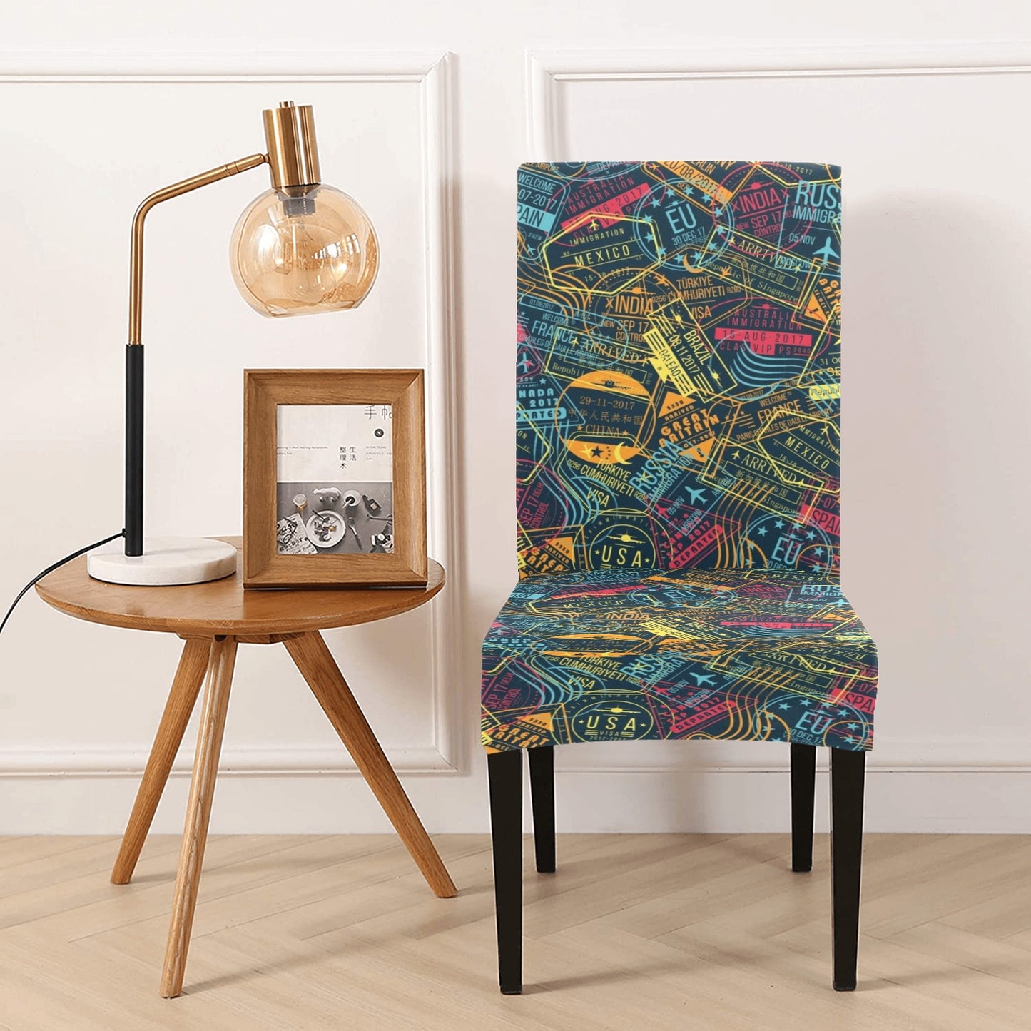 Travel Stamp Colorful Print Design LKS304 Dining Chair Slipcover