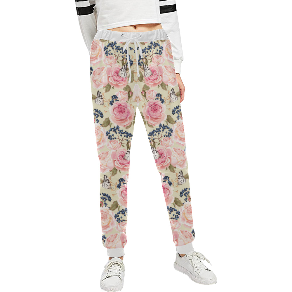 Floral Pink Butterfly Print Unisex Sweatpants