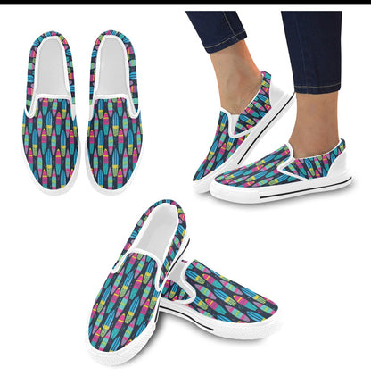 Surfboard Colorful Print Design LKS302 White Slip Ons Canvas Women's Shoes