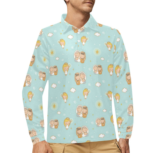 Christian Pattern Print Design 01 Long Sleeve Polo Shirt For Men's
