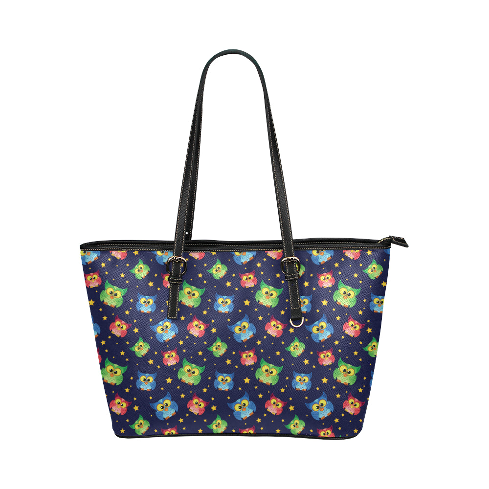 Owl with Star Themed Design Print Leather Tote Bag