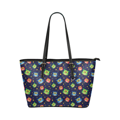 Owl with Star Themed Design Print Leather Tote Bag