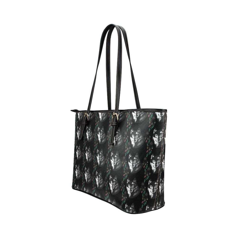 Wolf Black Dream Catcher Design Print Leather Tote Bag