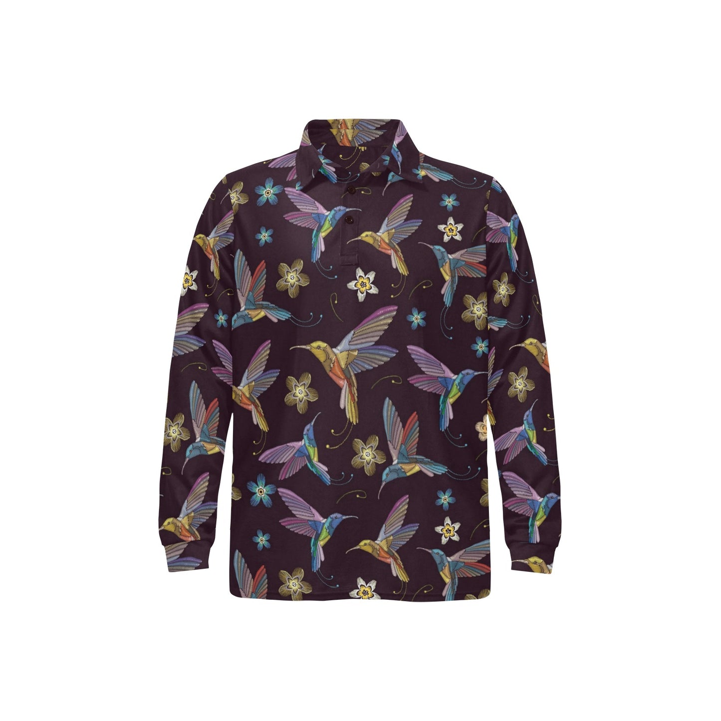 Hummingbird Pattern Print Design 04 Long Sleeve Polo Shirt For Men's