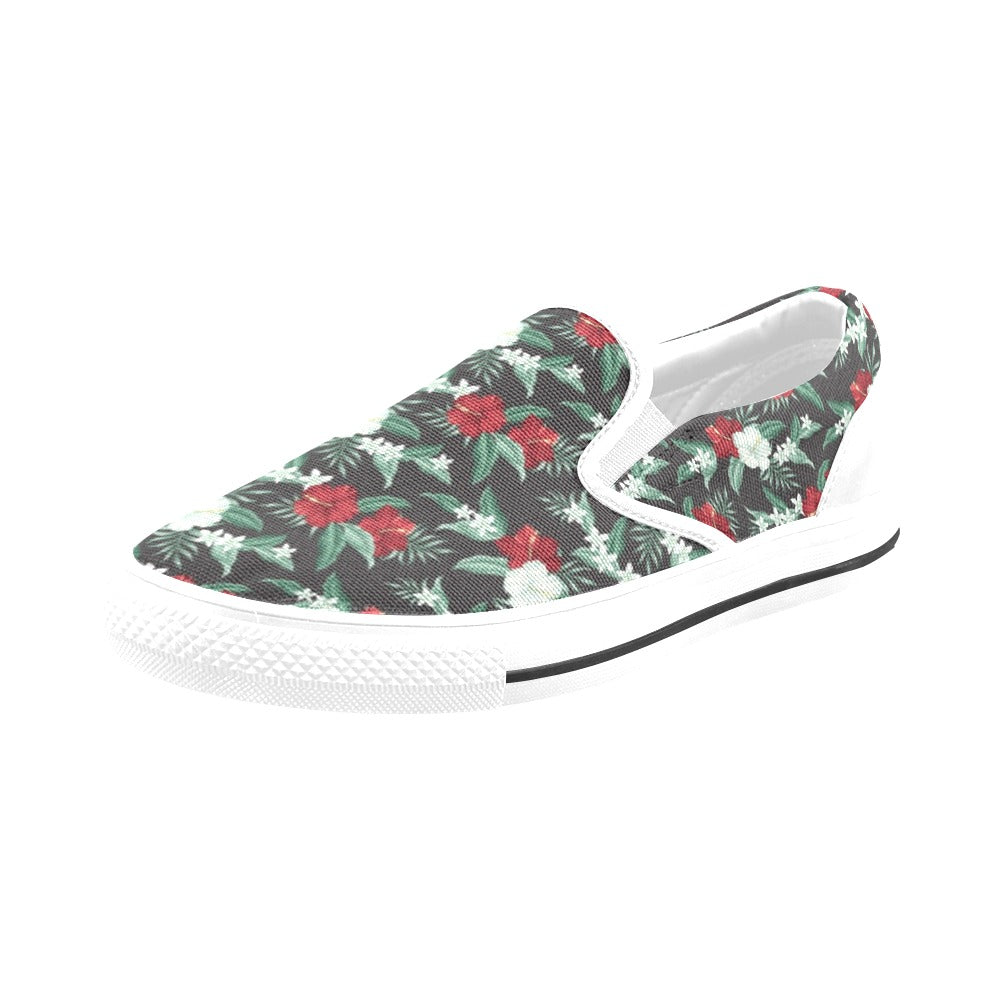 Tropical Flower Print Design LKS303 White Slip Ons Canvas Women's Shoes