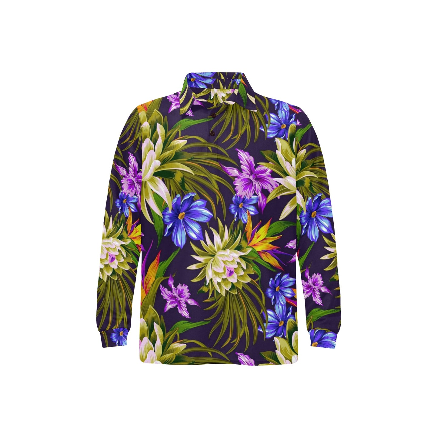 Water Lily Pattern Print Design WL08 Long Sleeve Polo Shirt For Men's
