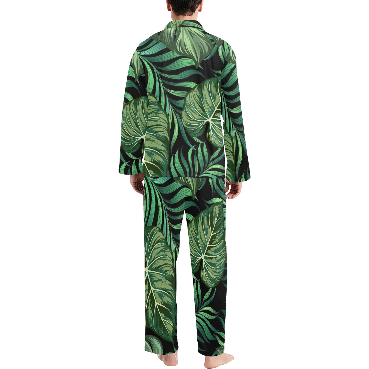 Green Fresh Tropical Palm Leaves Men's Long Pajama Set