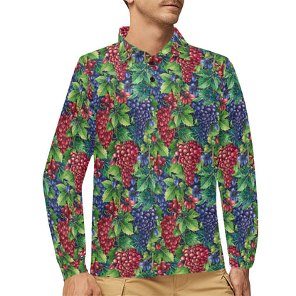 Grape Pattern Print Design GP02 Long Sleeve Polo Shirt For Men's