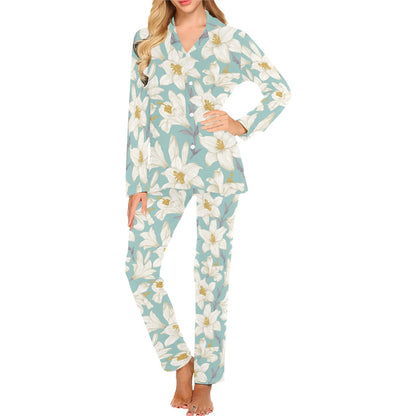 Lily Pattern Print Design 02 Women's Long Pajama Set
