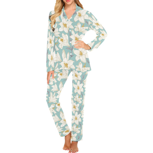 Lily Pattern Print Design 02 Women's Long Pajama Set