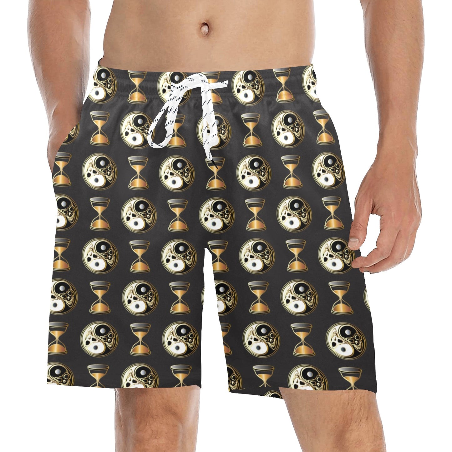 Yin Yang Skull Themed Design Print Men's Swim Trunks Beach Shorts