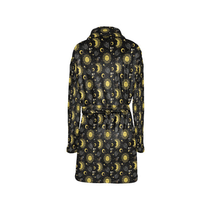 Sun Moon Golden Design Themed Print Women's Fleece Robe