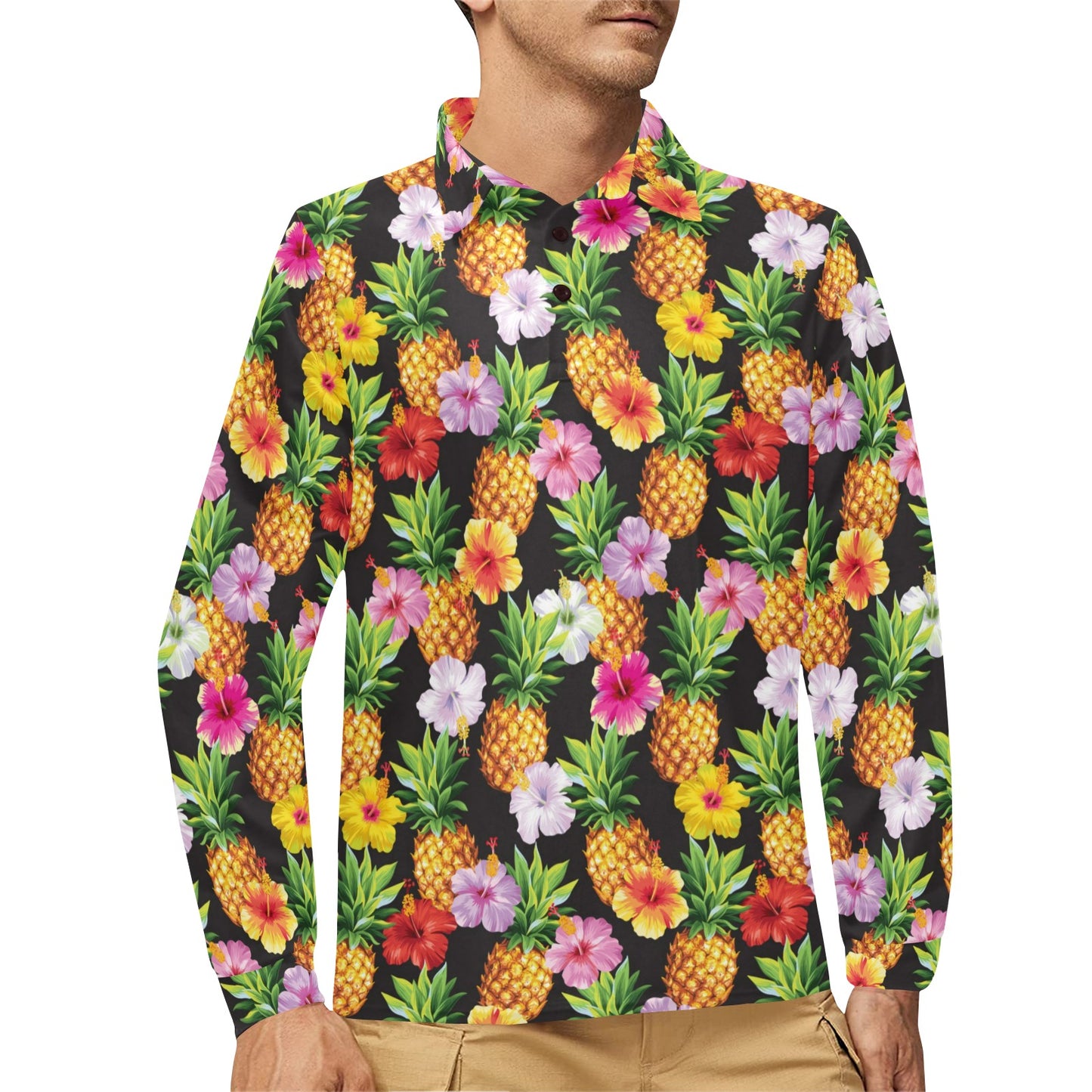 Pineapple Hibiscus Long Sleeve Polo Shirt For Men's