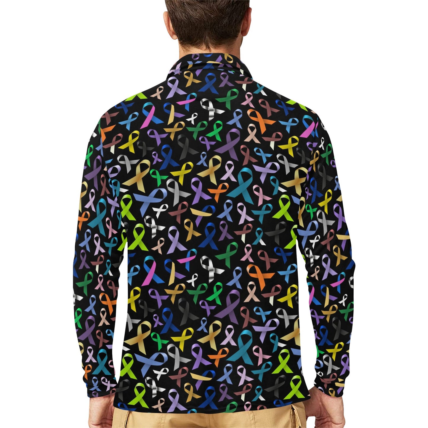 Breast Cancer Awareness Colorful Print Long Sleeve Polo Shirt For Men's
