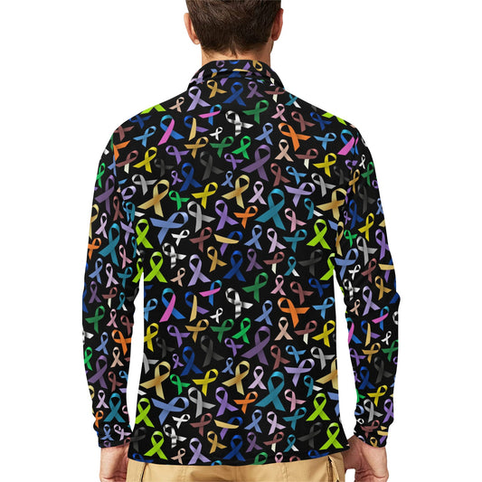 Breast Cancer Awareness Colorful Print Long Sleeve Polo Shirt For Men's