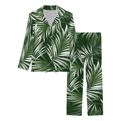 White Green Tropical Palm Leaves Women's Long Pajama Set