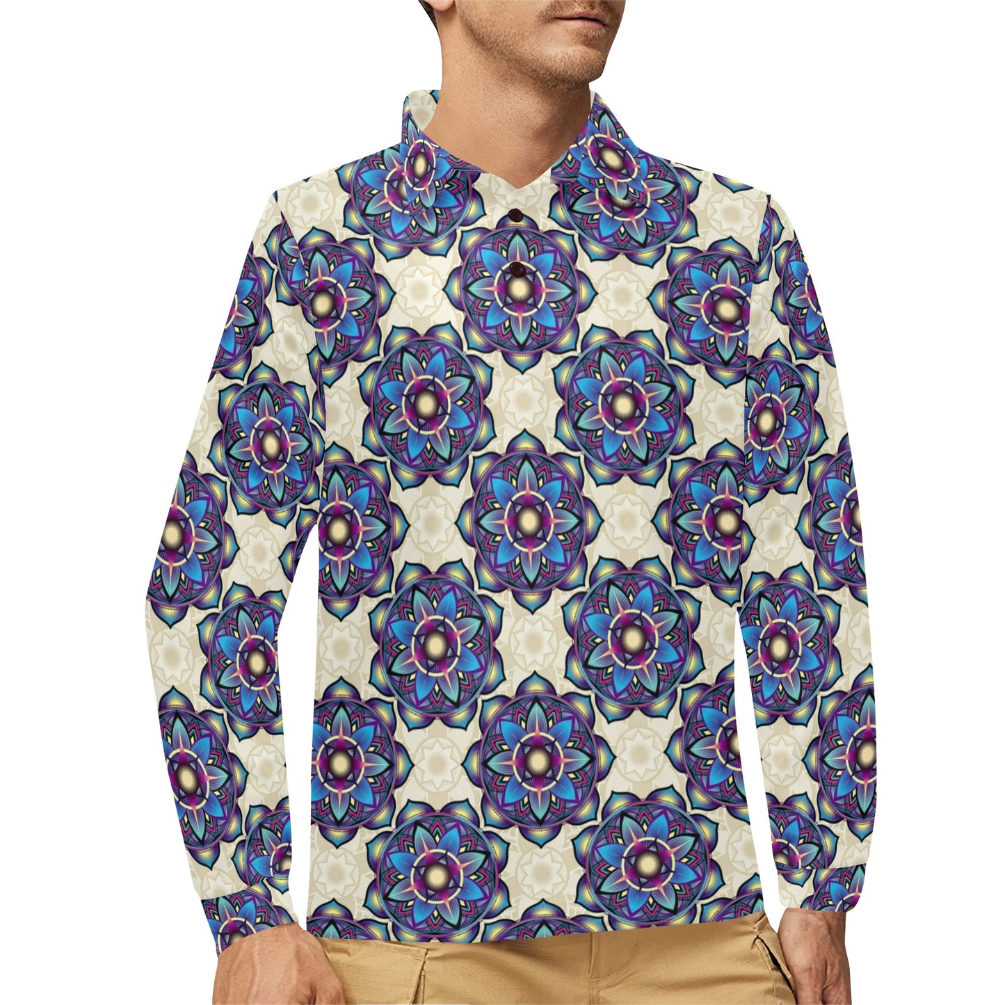 lotus Boho Pattern Print Design LO08 Long Sleeve Polo Shirt For Men's