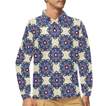 lotus Boho Pattern Print Design LO08 Long Sleeve Polo Shirt For Men's