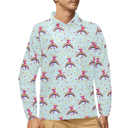 Fairy with Rainbow Print Pattern Long Sleeve Polo Shirt For Men's