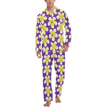Yellow Plumeria Pattern Print Design PM05 Men's Long Pajama Set