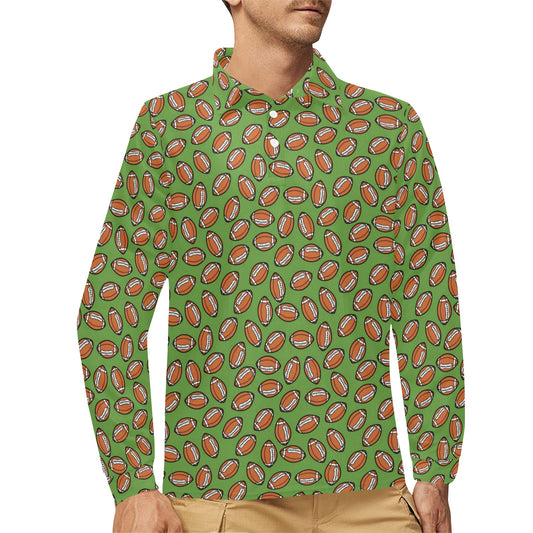 American Football on Green Design Long Sleeve Polo Shirt For Men's