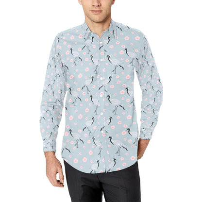 Sakura Bird Print Design LKS304 Men's Long Sleeve Dress Shirt